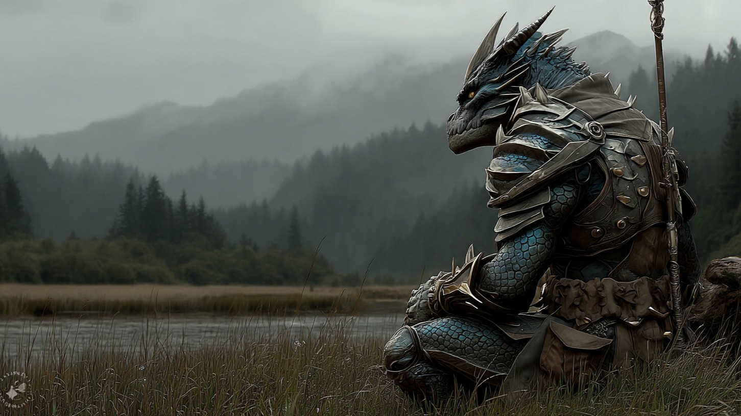 Draxxus clad in dragonborn battle armor beside the swamp waters