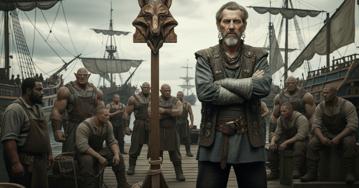 Carcenjo Foxmantle and his dockside crew