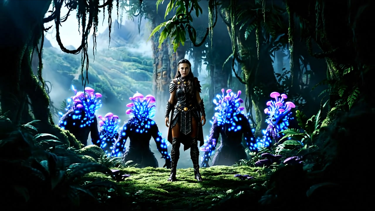 Eadaz surrounded by glowing mycelial creatures as the Mushroom Queen