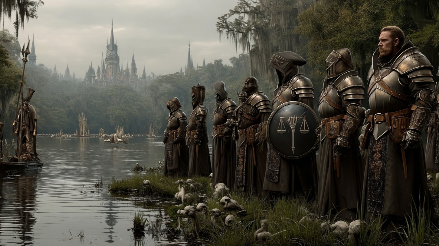 Warwick Osrin and the spectral Osrin Deadmen by the swamp waters